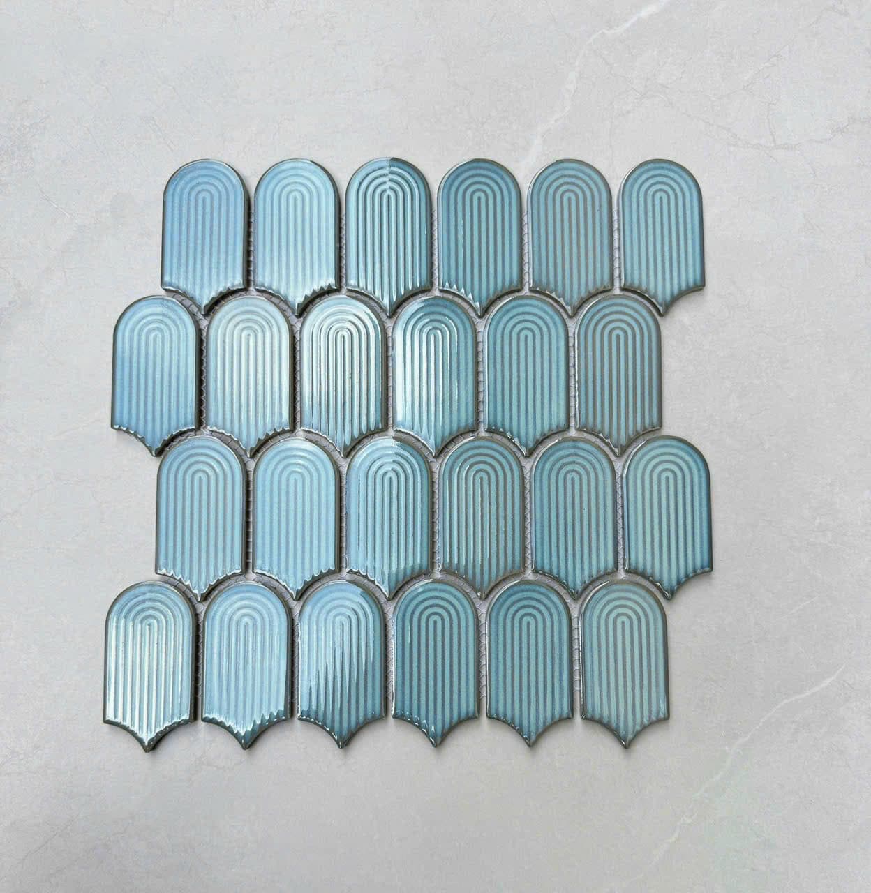 Gạch mosaic Gốm sứ , men bóng có gợn vân tay MHF62 màu xanh nhạt
